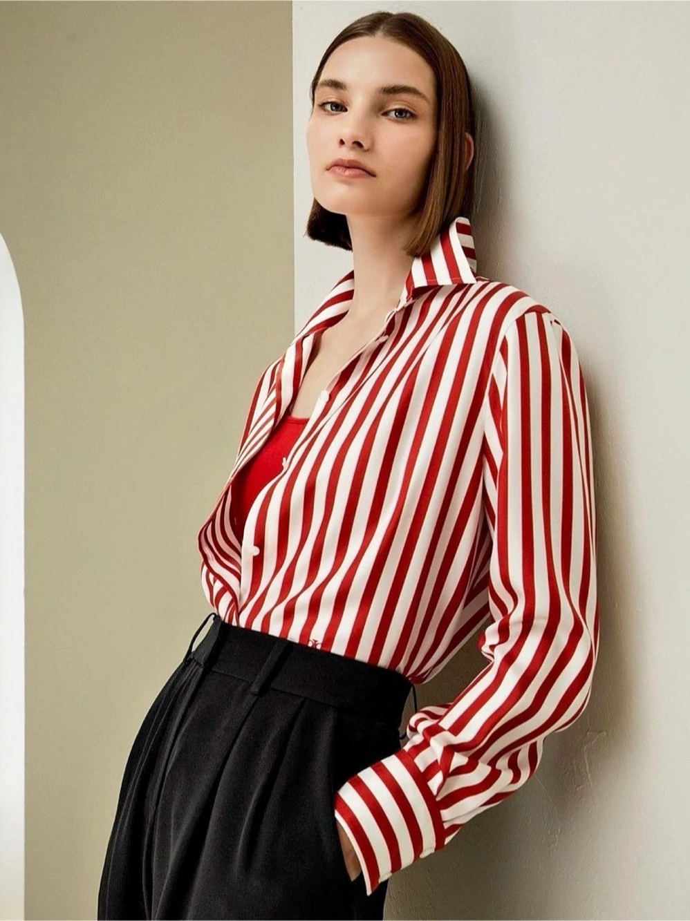 LilySilk Amalfi Stripe Silk Shirt Red & White Size Large NWT